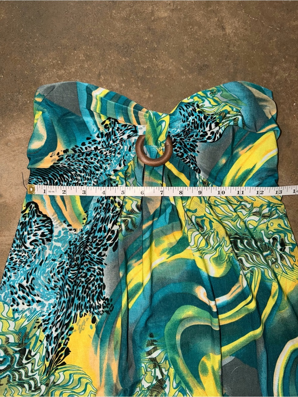 Silk Blend Strapless Tropical Midi Dress Teal Yellow Size M - Picture 5 of 8